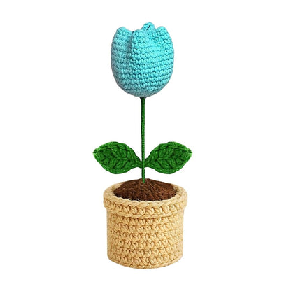 VCR Handmade Crochet Cyan Tulip Pot - Pack of 1 - Hand Woven Knitted Artificial Cyan Tulip Pot Hand Knitted Flower for office Desk, Table, Car, Bedroom, Wedding & Special Occasions