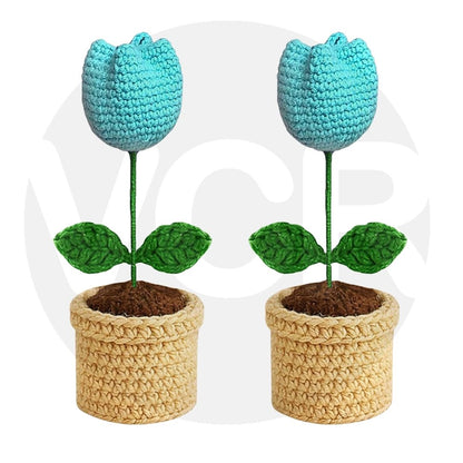 VCR Handmade Crochet Cyan Tulip Pot - Pack of 1 - Hand Woven Knitted Artificial Cyan Tulip Pot Hand Knitted Flower for office Desk, Table, Car, Bedroom, Wedding & Special Occasions