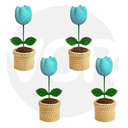 VCR Handmade Crochet Cyan Tulip Pot - Pack of 1 - Hand Woven Knitted Artificial Cyan Tulip Pot Hand Knitted Flower for office Desk, Table, Car, Bedroom, Wedding & Special Occasions