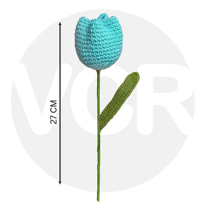 VCR Handmade Crochet Cyan Tulip - Pack of 1 - Hand Woven Knitted Artificial Cyan Tulip Hand Knitted Flower for office Desk, Table, Car, Bedroom, Wedding & Special Occasions