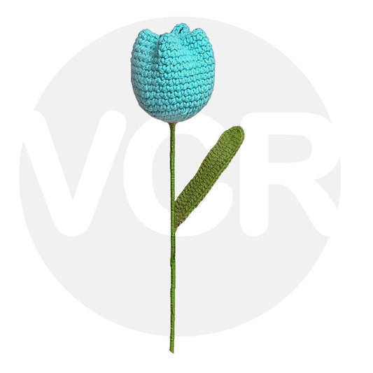 VCR Handmade Crochet Cyan Tulip - Pack of 1 - Hand Woven Knitted Artificial Cyan Tulip Hand Knitted Flower for office Desk, Table, Car, Bedroom, Wedding & Special Occasions