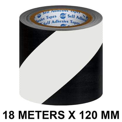 VCR Black & White Floor Marking Tape - 18 Meters in Length 120mm / 05" Width - Waterproof Social Distancing lane Marking Tape for Safety, Hazard and Caution Warnings