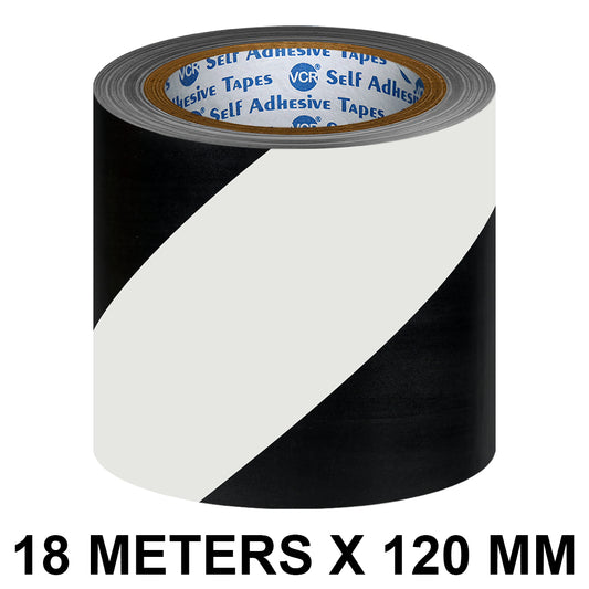 VCR Black & White Floor Marking Tape - 18 Meters in Length 120mm / 05" Width - Waterproof Social Distancing lane Marking Tape for Safety, Hazard and Caution Warnings