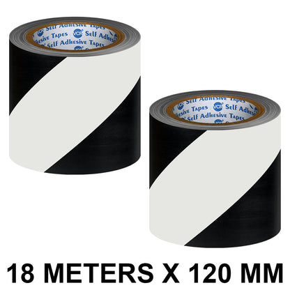 VCR Black & White Floor Marking Tape - 18 Meters in Length 120mm / 05" Width - Waterproof Social Distancing lane Marking Tape for Safety, Hazard and Caution Warnings