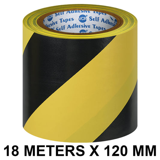 VCR Black & Yellow Floor Marking Tape - 18 Meters in Length 120mm / 05" Width - Waterproof Social Distancing lane Marking Tape for Safety, Hazard and Caution Warnings