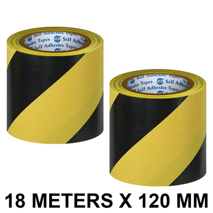 VCR Black & Yellow Floor Marking Tape - 18 Meters in Length 120mm / 05" Width - Waterproof Social Distancing lane Marking Tape for Safety, Hazard and Caution Warnings