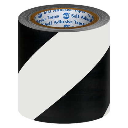 VCR Black & White Floor Marking Tape - 18 Meters in Length 144mm / 06" Width - Waterproof Social Distancing lane Marking Tape for Safety, Hazard and Caution Warnings