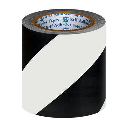 VCR Black & White Floor Marking Tape - 18 Meters in Length 144mm / 06" Width - Waterproof Social Distancing lane Marking Tape for Safety, Hazard and Caution Warnings
