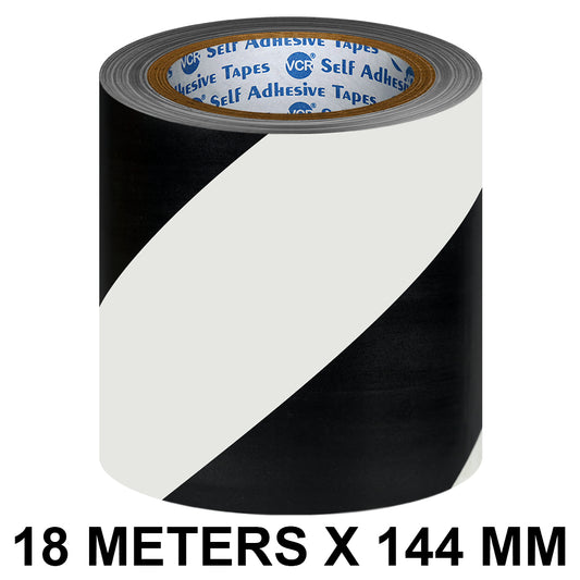 VCR Black & White Floor Marking Tape - 18 Meters in Length 144mm / 06" Width - Waterproof Social Distancing lane Marking Tape for Safety, Hazard and Caution Warnings