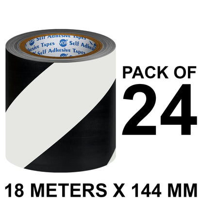 VCR Black & White Floor Marking Tape - 18 Meters in Length 144mm / 06" Width - Waterproof Social Distancing lane Marking Tape for Safety, Hazard and Caution Warnings