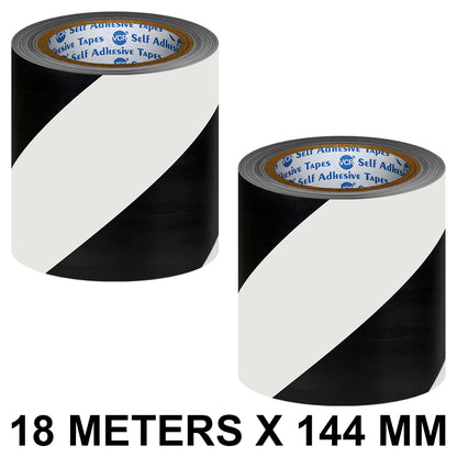 VCR Black & White Floor Marking Tape - 18 Meters in Length 144mm / 06" Width - Waterproof Social Distancing lane Marking Tape for Safety, Hazard and Caution Warnings