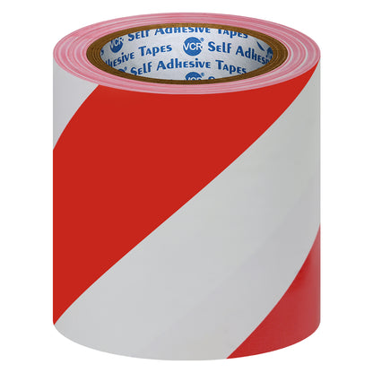 VCR Red & White Floor Marking Tape - 18 Meters in Length 144mm / 06" Width - Waterproof Social Distancing lane Marking Tape for Safety, Hazard and Caution Warnings