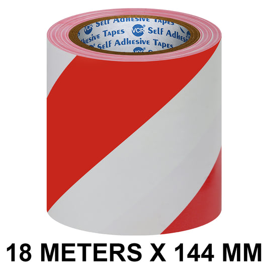 VCR Red & White Floor Marking Tape - 18 Meters in Length 144mm / 06" Width - Waterproof Social Distancing lane Marking Tape for Safety, Hazard and Caution Warnings