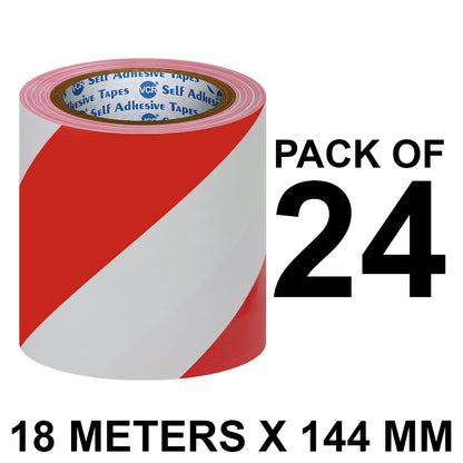 VCR Red & White Floor Marking Tape - 18 Meters in Length 144mm / 06" Width - Waterproof Social Distancing lane Marking Tape for Safety, Hazard and Caution Warnings
