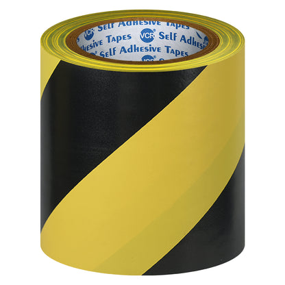 VCR Black & Yellow Floor Marking Tape - 18 Meters in Length 144mm / 06" Width - Waterproof Social Distancing lane Marking Tape for Safety, Hazard and Caution Warnings