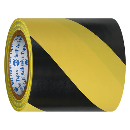 VCR Black & Yellow Floor Marking Tape - 18 Meters in Length 144mm / 06" Width - Waterproof Social Distancing lane Marking Tape for Safety, Hazard and Caution Warnings