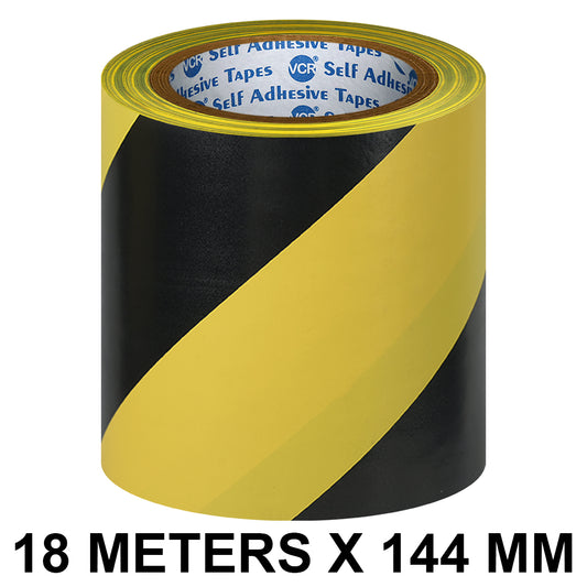VCR Black & Yellow Floor Marking Tape - 18 Meters in Length 144mm / 06" Width - Waterproof Social Distancing lane Marking Tape for Safety, Hazard and Caution Warnings