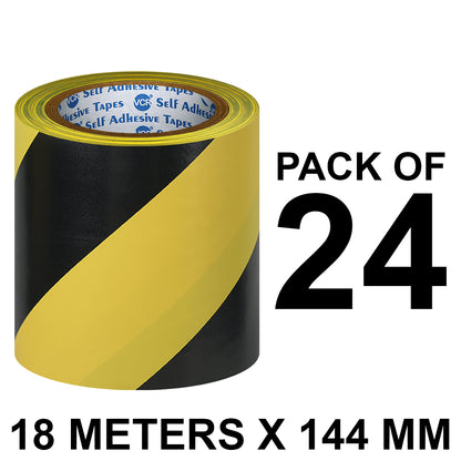 VCR Black & Yellow Floor Marking Tape - 18 Meters in Length 144mm / 06" Width - Waterproof Social Distancing lane Marking Tape for Safety, Hazard and Caution Warnings