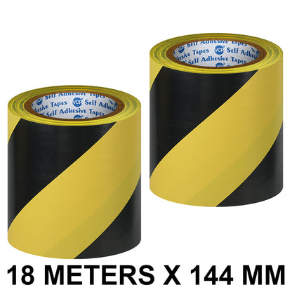 VCR Black & Yellow Floor Marking Tape - 18 Meters in Length 144mm / 06" Width - Waterproof Social Distancing lane Marking Tape for Safety, Hazard and Caution Warnings