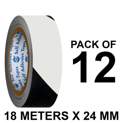 VCR Black & White Floor Marking Tape - 18 Meters in Length 24mm / 01" Width - Waterproof Social Distancing lane Marking Tape for Safety, Hazard and Caution Warnings