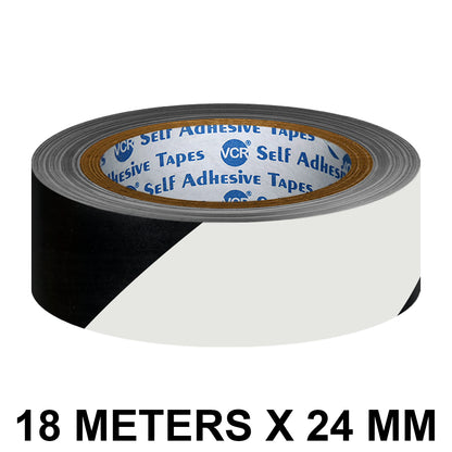 VCR Black & White Floor Marking Tape - 18 Meters in Length 24mm / 01" Width - Waterproof Social Distancing lane Marking Tape for Safety, Hazard and Caution Warnings