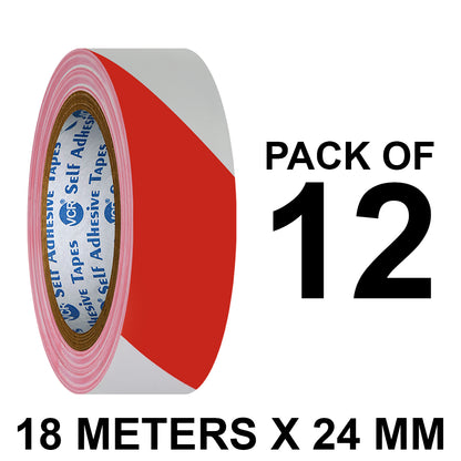 VCR Red & White Floor Marking Tape - 18 Meters in Length 24mm / 01" Width - Waterproof Social Distancing lane Marking Tape for Safety, Hazard and Caution Warnings