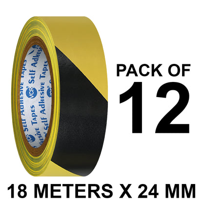 VCR Black & Yellow Floor Marking Tape - 18 Meters in Length 24mm / 01" Width - Waterproof Social Distancing lane Marking Tape for Safety, Hazard and Caution Warnings