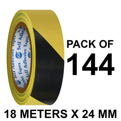 VCR Black & Yellow Floor Marking Tape - 18 Meters in Length 24mm / 01" Width - Waterproof Social Distancing lane Marking Tape for Safety, Hazard and Caution Warnings