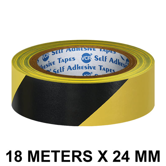 VCR Black & Yellow Floor Marking Tape - 18 Meters in Length 24mm / 01" Width - Waterproof Social Distancing lane Marking Tape for Safety, Hazard and Caution Warnings