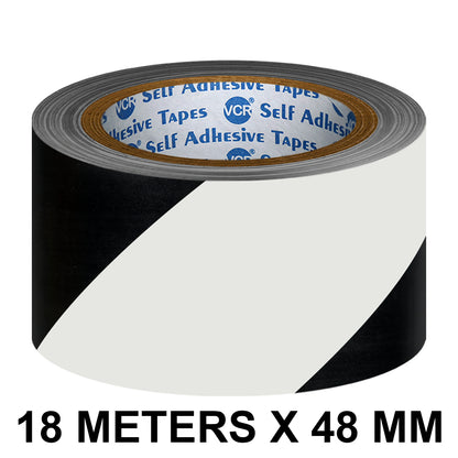 VCR Black & White Floor Marking Tape - 18 Meters in Length 48mm / 02" Width - Waterproof Social Distancing lane Marking Tape for Safety, Hazard and Caution Warnings