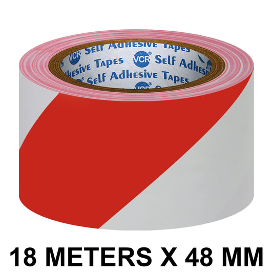 VCR Red & White Floor Marking Tape - 18 Meters in Length 48mm / 02" Width - Waterproof Social Distancing lane Marking Tape for Safety, Hazard and Caution Warnings