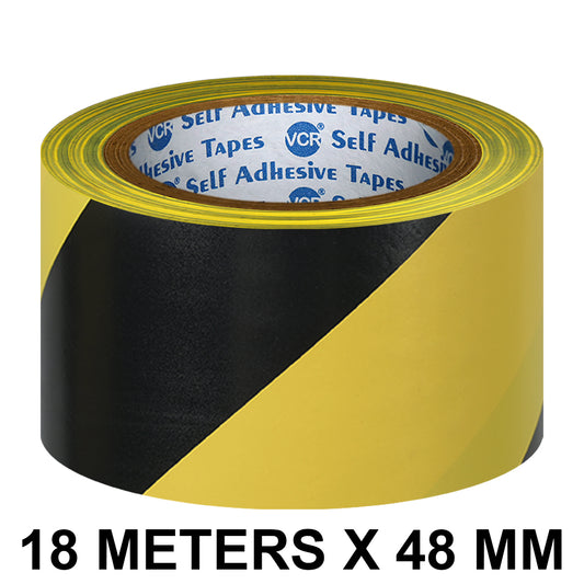 VCR Black & Yellow Floor Marking Tape - 18 Meters in Length 48mm / 02" Width - Waterproof Social Distancing lane Marking Tape for Safety, Hazard and Caution Warnings