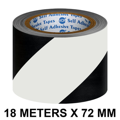 VCR Black & White Floor Marking Tape - 18 Meters in Length 72mm / 03" Width - Waterproof Social Distancing lane Marking Tape for Safety, Hazard and Caution Warnings