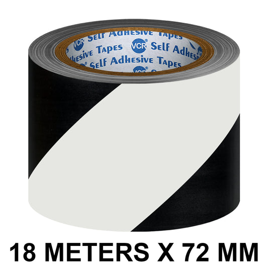 VCR Black & White Floor Marking Tape - 18 Meters in Length 72mm / 03" Width - Waterproof Social Distancing lane Marking Tape for Safety, Hazard and Caution Warnings