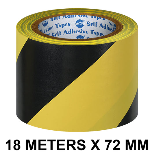 VCR Black & Yellow Floor Marking Tape - 18 Meters in Length 72mm / 03" Width - Waterproof Social Distancing lane Marking Tape for Safety, Hazard and Caution Warnings