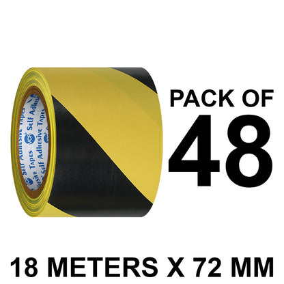 VCR Black & Yellow Floor Marking Tape - 18 Meters in Length 72mm / 03" Width - Waterproof Social Distancing lane Marking Tape for Safety, Hazard and Caution Warnings