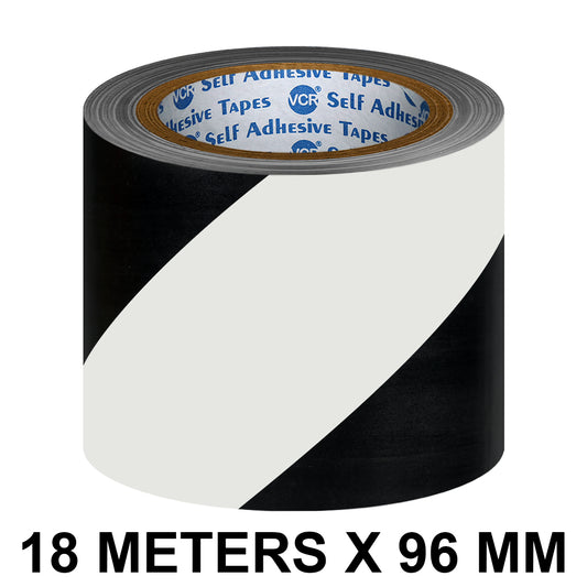VCR Black & White Floor Marking Tape - 18 Meters in Length 96mm / 04" Width - Waterproof Social Distancing lane Marking Tape for Safety, Hazard and Caution Warnings