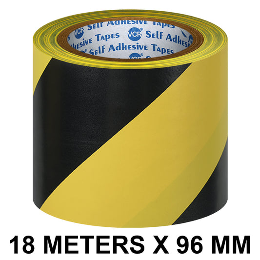 VCR Black & Yellow Floor Marking Tape - 18 Meters in Length 96mm / 04" Width - Waterproof Social Distancing lane Marking Tape for Safety, Hazard and Caution Warnings