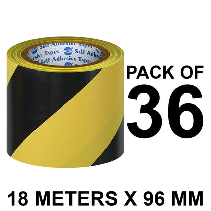 VCR Black & Yellow Floor Marking Tape - 18 Meters in Length 96mm / 04" Width - Waterproof Social Distancing lane Marking Tape for Safety, Hazard and Caution Warnings
