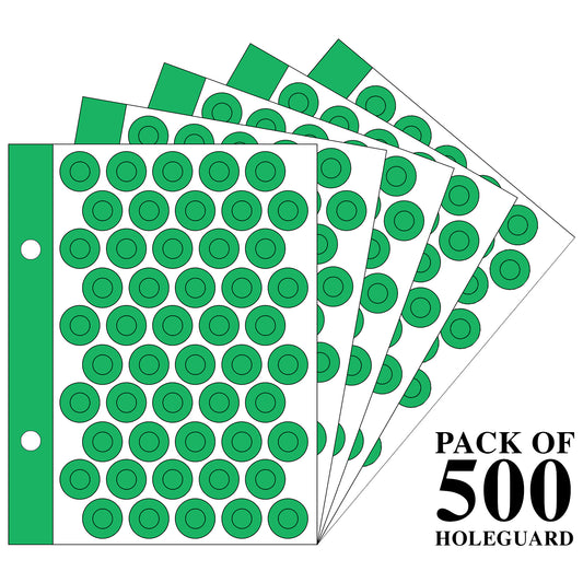 VCR Holeguard - 6mm - Green Self Adhesive Reinforcement PVC Smart Shield Sticker for Punched Papers (Tear Resistant) - 500 Pieces - 10 Sheet Per Pack