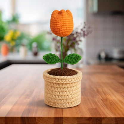 VCR Handmade Crochet Light Orange Tulip Pot - Pack of 1 - Hand Woven Knitted Artificial  Light Orange Tulip Pot Hand Knitted Flower for office Desk, Table, Car, Bedroom, Wedding & Special Occasions