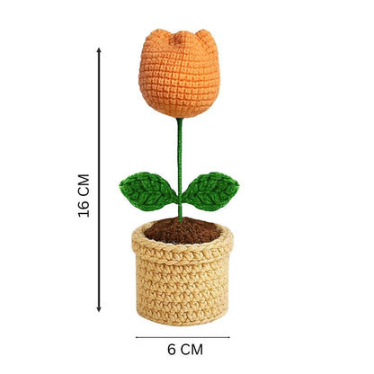 VCR Handmade Crochet Light Orange Tulip Pot - Pack of 1 - Hand Woven Knitted Artificial  Light Orange Tulip Pot Hand Knitted Flower for office Desk, Table, Car, Bedroom, Wedding & Special Occasions