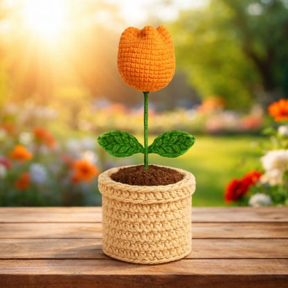VCR Handmade Crochet Light Orange Tulip Pot - Pack of 1 - Hand Woven Knitted Artificial  Light Orange Tulip Pot Hand Knitted Flower for office Desk, Table, Car, Bedroom, Wedding & Special Occasions