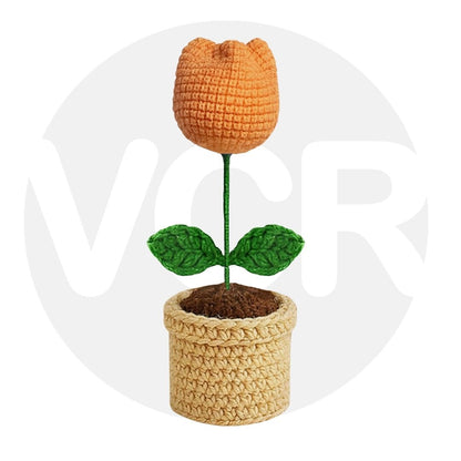 VCR Handmade Crochet Light Orange Tulip Pot - Pack of 1 - Hand Woven Knitted Artificial  Light Orange Tulip Pot Hand Knitted Flower for office Desk, Table, Car, Bedroom, Wedding & Special Occasions