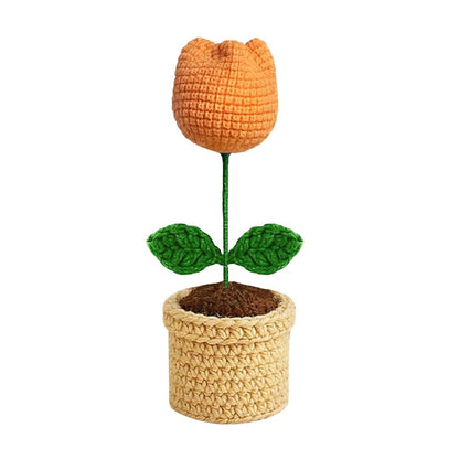 VCR Handmade Crochet Light Orange Tulip Pot - Pack of 1 - Hand Woven Knitted Artificial  Light Orange Tulip Pot Hand Knitted Flower for office Desk, Table, Car, Bedroom, Wedding & Special Occasions