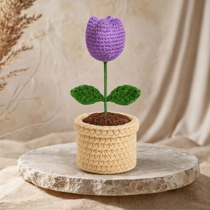 VCR Handmade Crochet Light Purple Tulip Pot - Pack of 1 - Hand Woven Knitted Artificial Light Purple Tulip Pot Hand Knitted Flower for office Desk, Table, Car, Bedroom, Wedding & Special Occasions