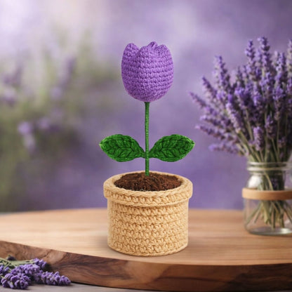 VCR Handmade Crochet Light Purple Tulip Pot - Pack of 1 - Hand Woven Knitted Artificial Light Purple Tulip Pot Hand Knitted Flower for office Desk, Table, Car, Bedroom, Wedding & Special Occasions