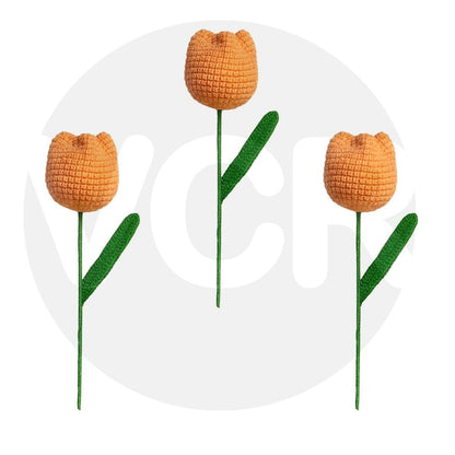VCR Handmade Crochet Light Orange Tulip - Pack of 1 - Hand Woven Knitted Artificial  Light Orange Tulip Hand Knitted Flower for office Desk, Table, Car, Bedroom, Wedding & Special Occasions