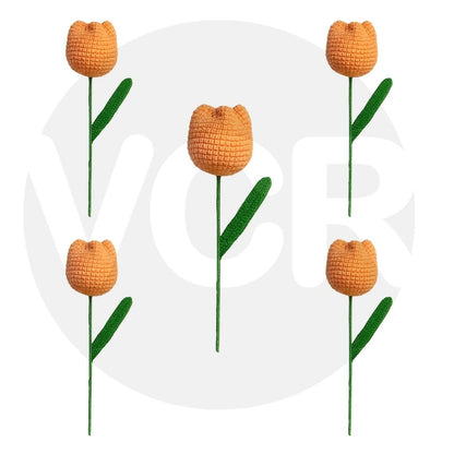 VCR Handmade Crochet Light Orange Tulip - Pack of 1 - Hand Woven Knitted Artificial  Light Orange Tulip Hand Knitted Flower for office Desk, Table, Car, Bedroom, Wedding & Special Occasions