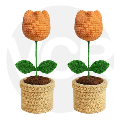 VCR Handmade Crochet Light Orange Tulip Pot - Pack of 1 - Hand Woven Knitted Artificial  Light Orange Tulip Pot Hand Knitted Flower for office Desk, Table, Car, Bedroom, Wedding & Special Occasions